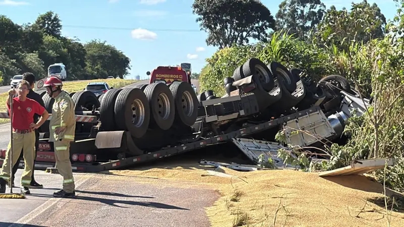 Cascavel – Caminhão capota na BR-163 e motorista é atacado por abelhas
