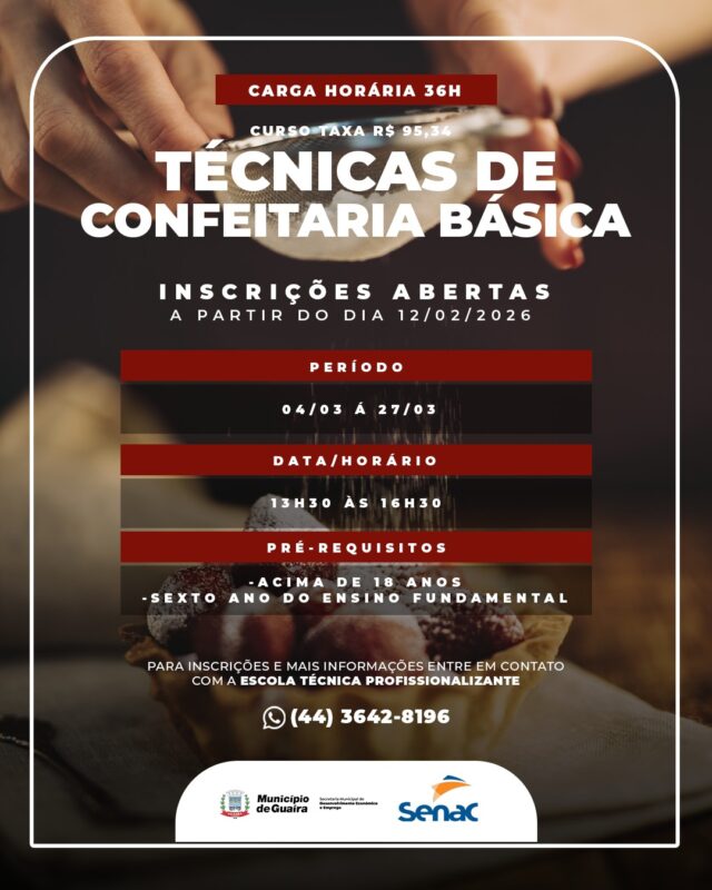 Guaíra – Município abre inscrições para curso de Técnicas de Confeitaria Básica