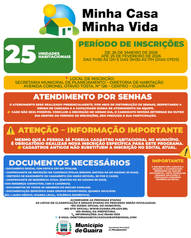 Guaíra – Município abre inscrições para 25 moradias do Programa Minha Casa, Minha Vida – FNHIS Sub 50