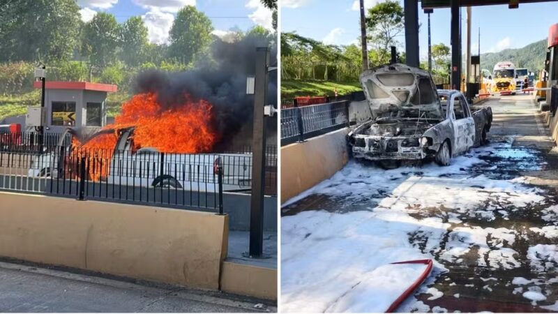 Paraná – Picape pega fogo durante pagamento de pedágio; veículo foi totalmente destruído pelas chamas