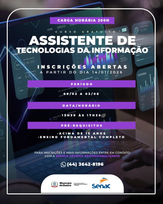 Guaíra – Município abre inscrições para curso gratuito de Assistente de Tecnologias da Informação