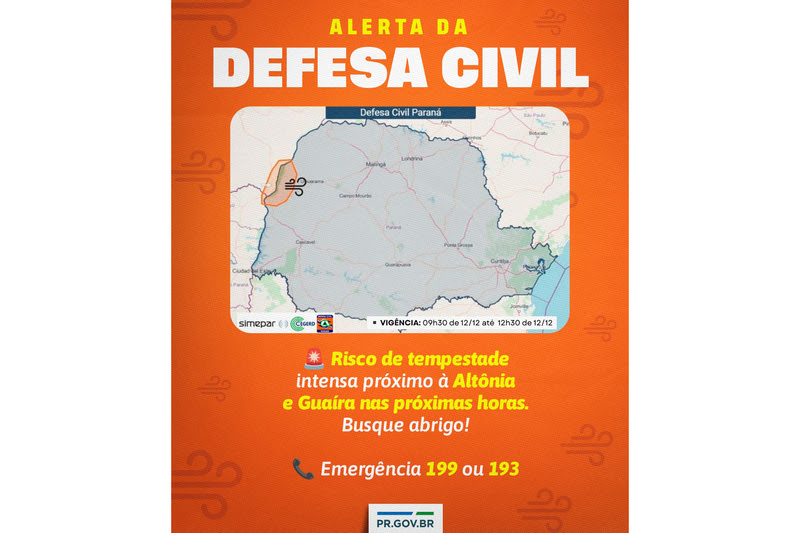 URGENTE – Simepar e Defesa Civil alertam para tempestades severas no Oeste e Noroeste nesta sexta