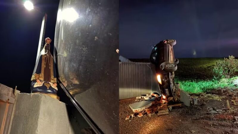 Trânsito – Carro capota, para aos pés de imagem de Nossa Senhora, e motorista escapa ilesa no Paraná