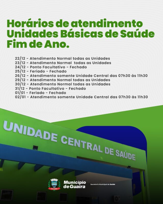 Saúde – Município de Guaíra divulga horários de atendimento das Unidades Básicas de Saúde para o fim de ano