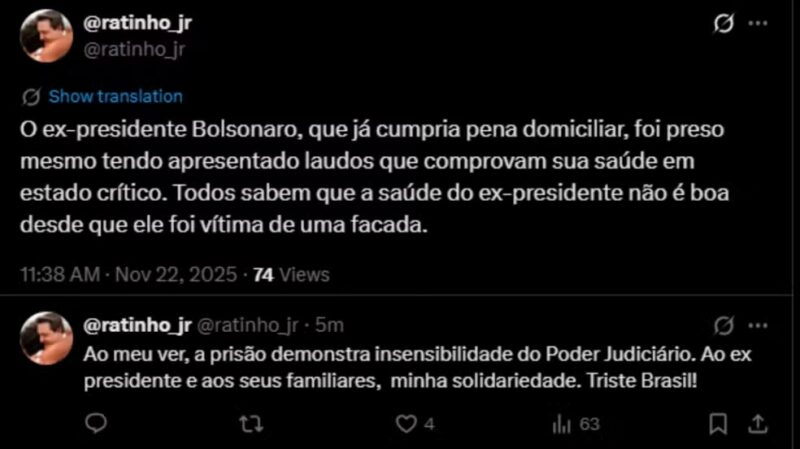 Paraná – Ratinho Junior diz que prisão de Bolsonaro é ‘insensibilidade do Poder Judiciário’