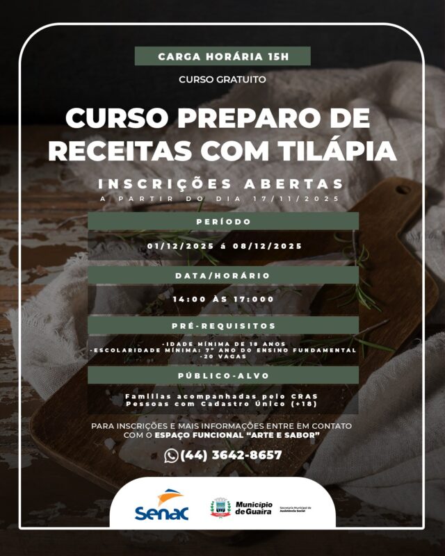 Guaíra – Município anuncia curso gratuito de Preparo de Receitas com Tilápia