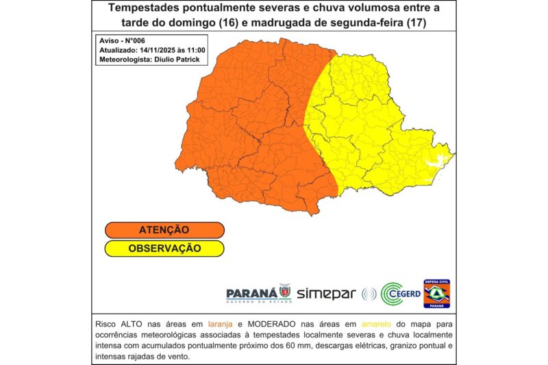Clima – Frente fria que atinge o Paraná no domingo será menos intensa do que na semana passada