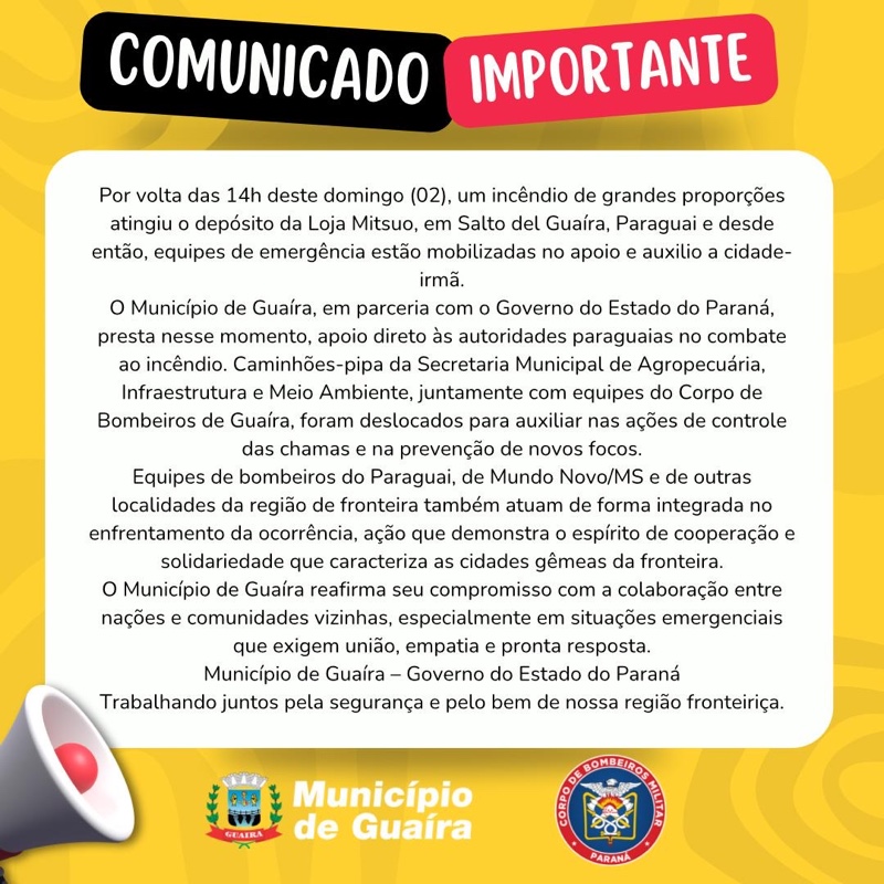 Guaíra – Município emite comunicado sobre combate  incêndio em Salto del Guairá