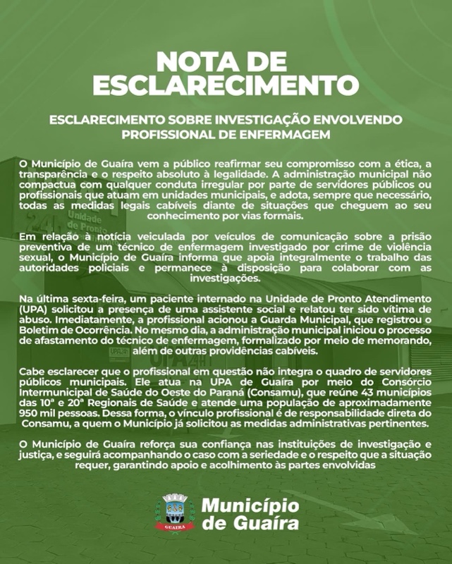 Guaíra – Município emite nota oficial sobre investigação envolvendo profissional de enfermagem