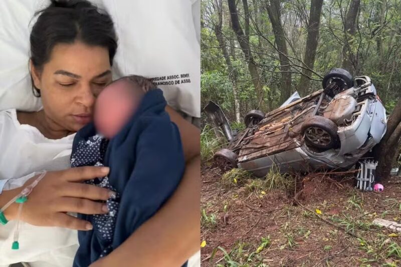Trânsito – Após carro capotar a caminho da maternidade, mãe é socorrida por pessoas que passavam e dá  luz bebê saudável no PR