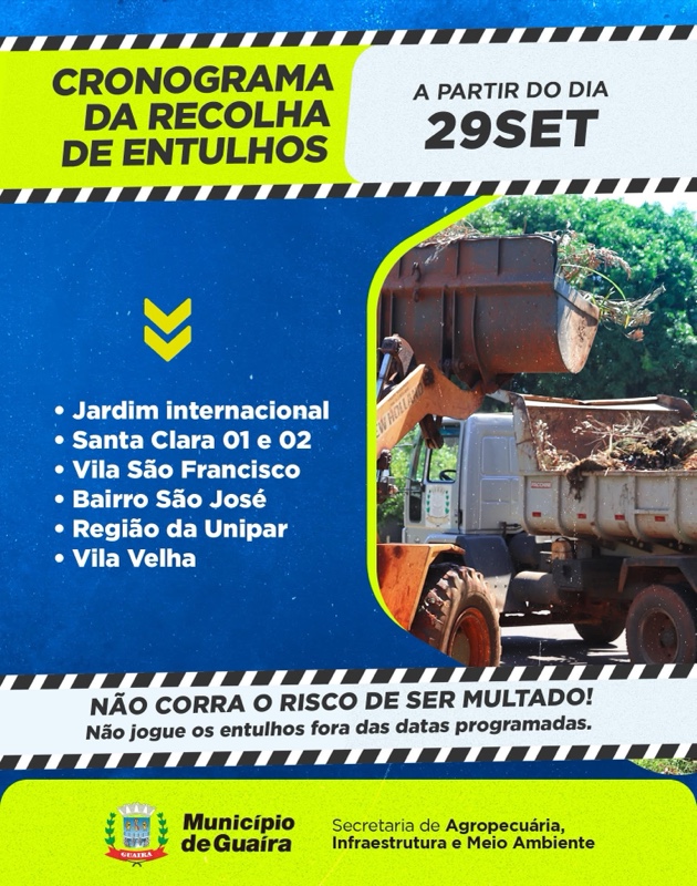 Guaíra – Município divulga bairros que receberão a coleta de entulhos entre os dias 29 e 02 de Outubro