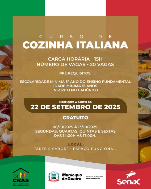 Guaíra – Município oferece curso gratuito de Cozinha Italiana
