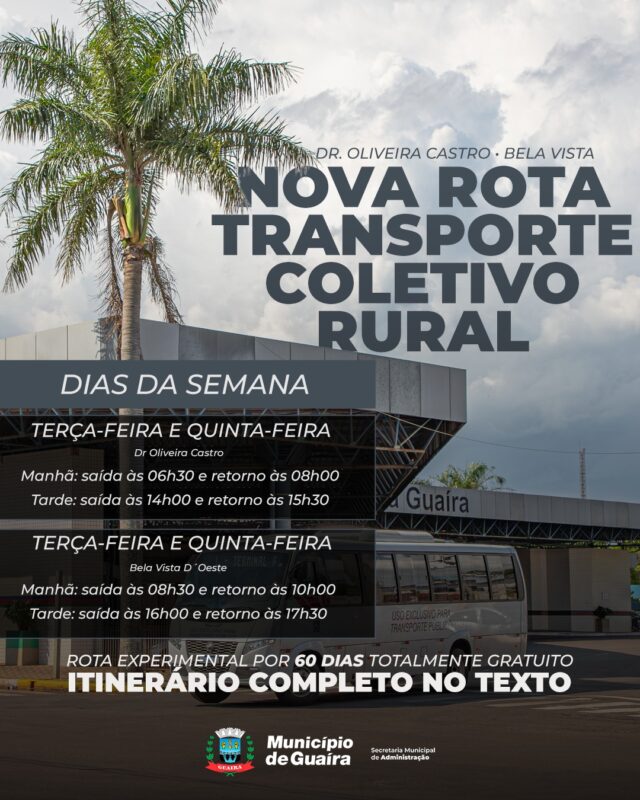 Guaíra – Município iniciará operação de rotas experimentais de transporte coletivo para comunidades rurais