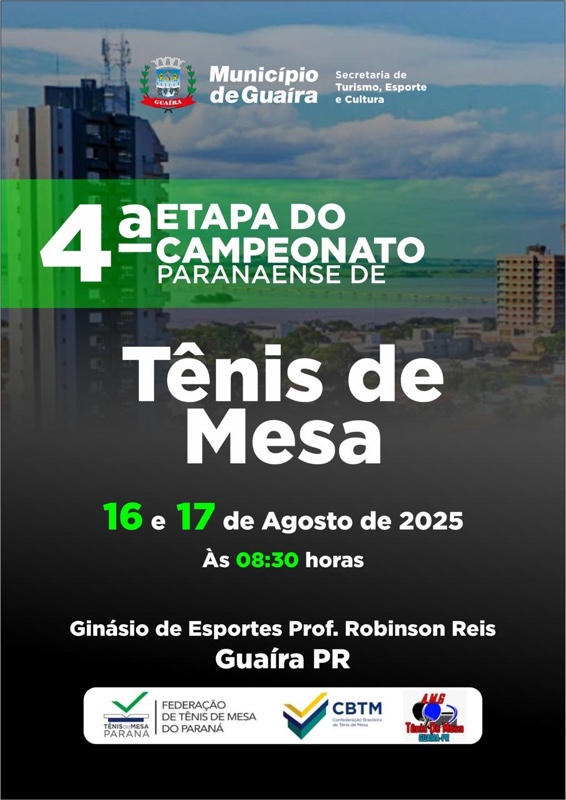 Guaíra – Município sediará 4ª etapa do Campeonato Paranaense de Tênis de Mesa