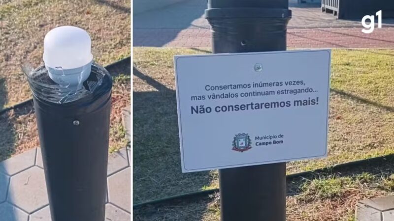 RS – ‘Não consertaremos mais’: prefeitura de município instala placas após destruição de mais de 50 luminárias