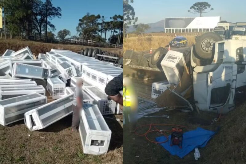 Trânsito – Motorista morre e BR-376 é bloqueada após caminhão carregado com geladeiras tombar no Paraná