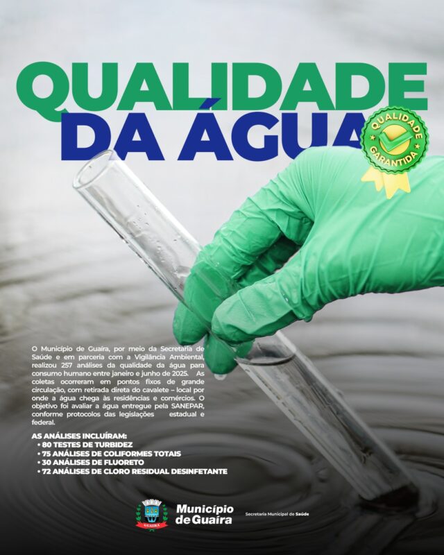 Guaíra – Município realiza mais de 250 análises da água no primeiro semestre e confirma qualidade para consumo