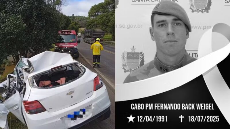Trânsito – Policial, filho e irmã morrem após batida frontal que destruiu carro e fez caminhão entrar em açude em SC
