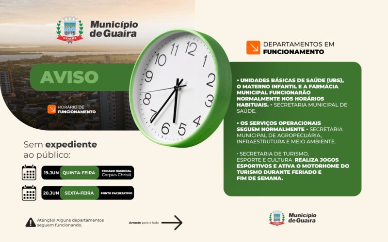 Guaíra – Município informa sobre o funcionamento das repartições públicas durante o feriado de Corpus Christi