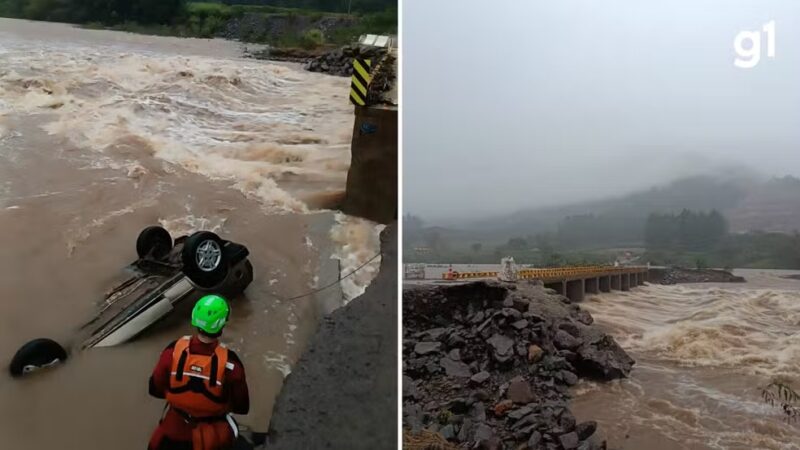 Temporal no RS: corpo de jovem é encontrado após cabeceira de ponte ceder e carro ser arrastado por água
