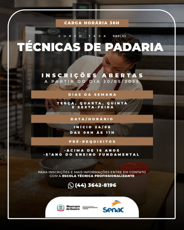 Oportunidade – Guaíra abre inscrições para curso de Técnicas em Padaria