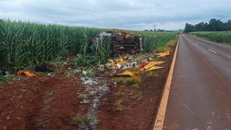 PR 581 – Caminhão com equipe de pintura tomba em lavoura