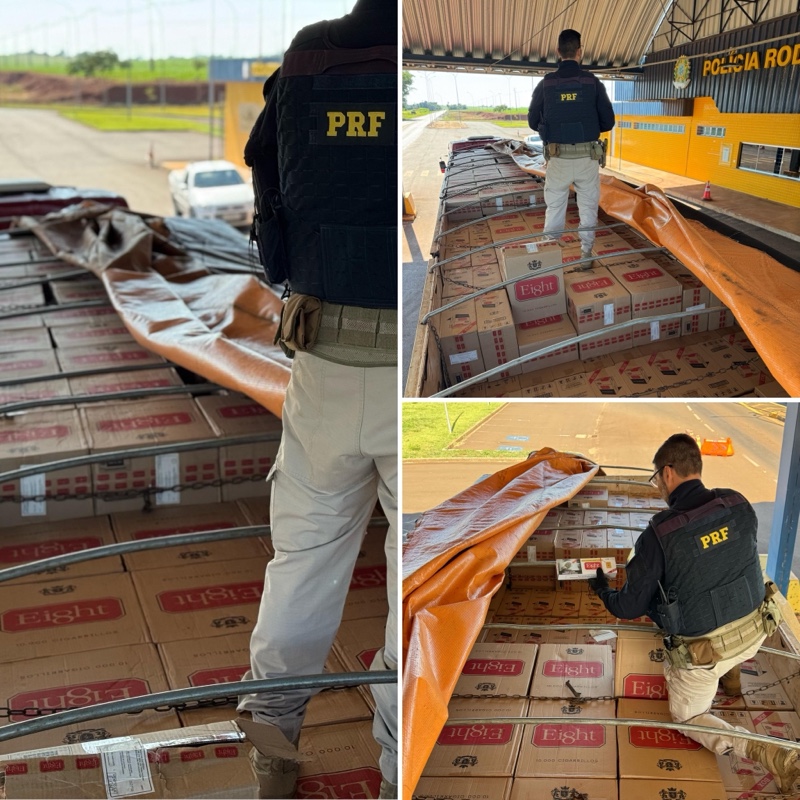 Guaíra – PRF apreende carreta estrangeira com cigarros contrabandeados