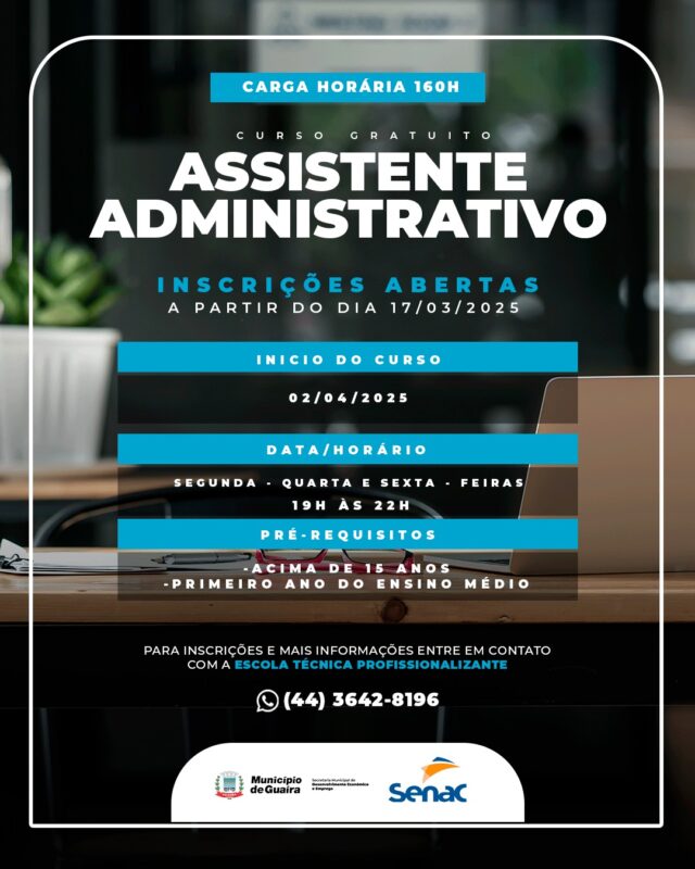 Guaíra – Inscrições para curso gratuito de Assistente Administrativo abrem na segunda-feira (17)