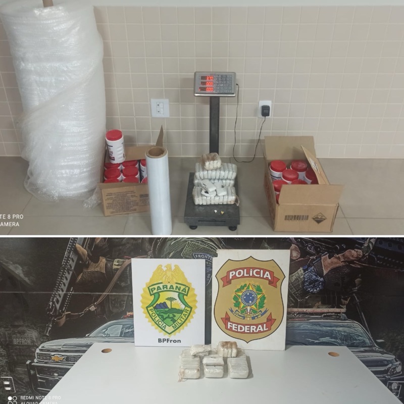 Guaíra – BPFron e PF apreendem 3,7 kg de haxixe e 22 kg de soda cáustica