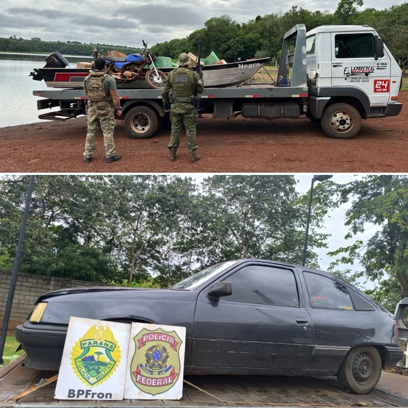 Guaíra – BPFron e PF apreendem embarcação, cigarros e moto; dois homens foram presos