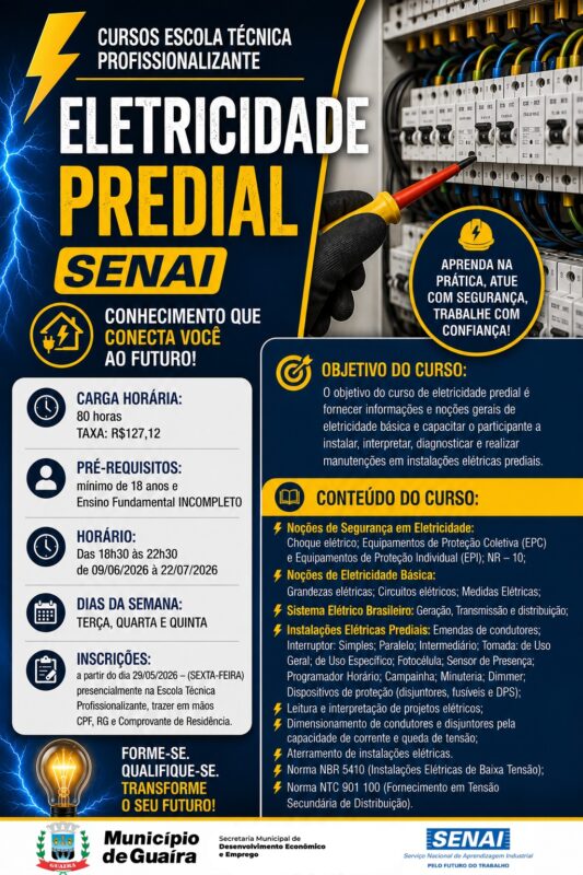 Guaíra – Curso de Eletricidade Predial está com inscrições abertas
