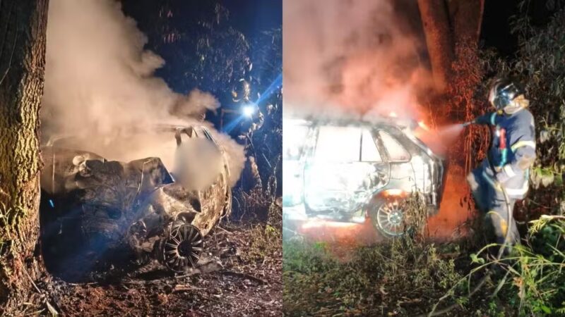 Paraná – Duas pessoas morrem carbonizadas após carro bater contra árvore e pegar fogo