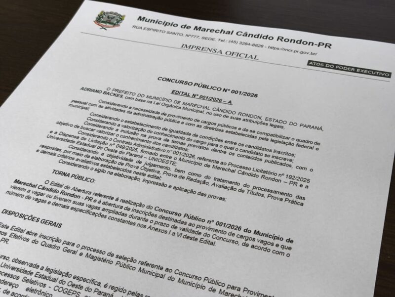 Destaque – Abertas as inscrições para Concurso Público na prefeitura de Marechal Cândido Rondon