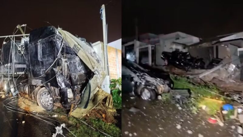 Trânsito – Carreta desgovernada desce rua no PR e atinge postes, casas e veículos; motorista havia parado para jantar