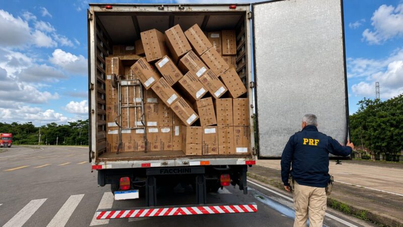 Guaíra – PRF apreende caminhão carregado com 250 mil maços de cigarros contrabandeados
