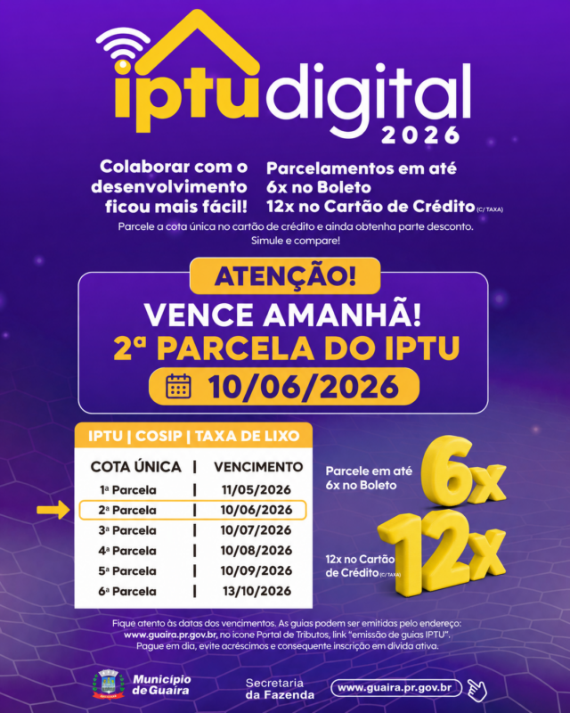 Guaíra – IPTU 2026: segunda parcela vence nesta quarta-feira, 10 de junho
